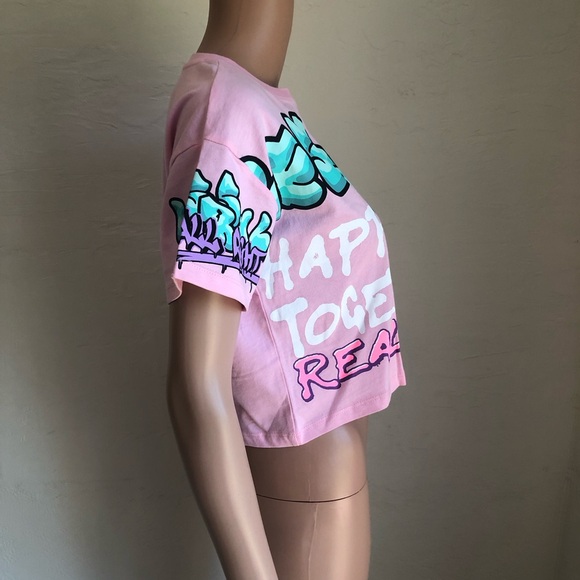 Zara Junior Girls Size 11-12 Pink Graffiti Cropped Printed T-Shirt Short Sleeves - Picture 3 of 16